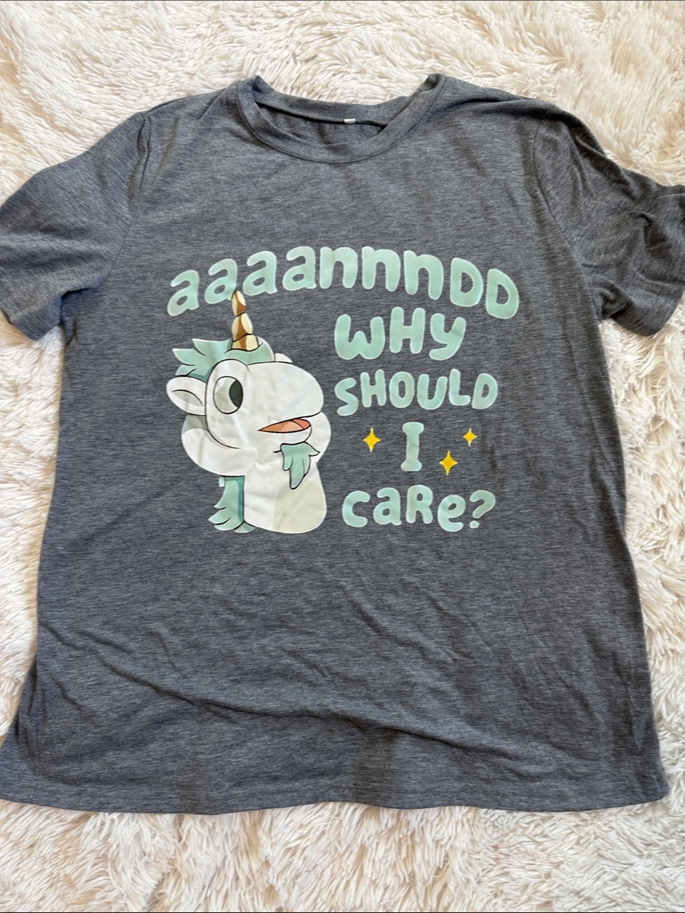 Women’s Gray Bluey Unicorse Graphic Stretchy Tee - And Why Should I Care?